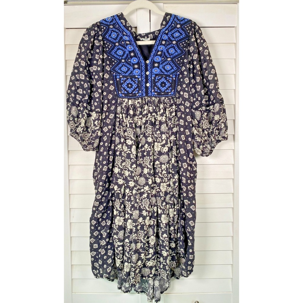 Sundance Lana Blue/Blac Prairie Dress Floral Embroidered Peasant Boho Western M - Picture 2 of 6
